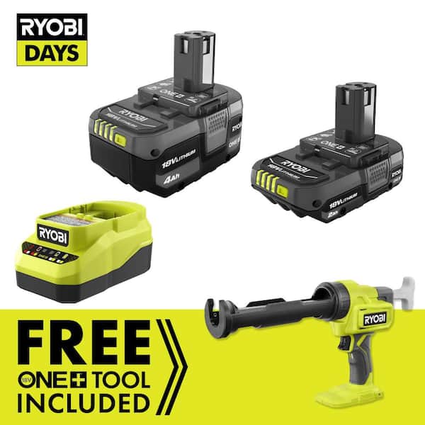 RYOBI ONE+ 18V Lithium-Ion 4.0 Ah Battery, 2.0 Ah Battery and Charger Kit with FREE ONE+ Cordless 10 oz. Caulk & Adhesive Gun PSK106SB-PCL901B