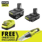 RYOBI ONE+ 18V Lithium-Ion 4.0 Ah Battery, 2.0 Ah Battery, and Charger Kit with FREE ONE+ Cordless Wet/Dry Hand Vacuum PCL702B-PSK106SB