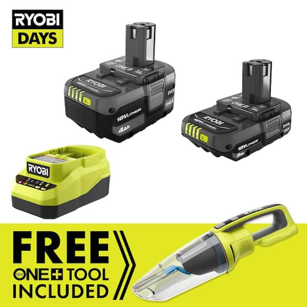 RYOBI ONE+ 18V Lithium-Ion 4.0 Ah Battery, 2.0 Ah Battery, and Charger Kit with FREE ONE+ Cordless Wet/Dry Hand Vacuum PCL702B-PSK106SB