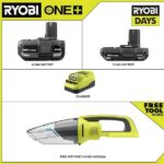 RYOBI ONE+ 18V Lithium-Ion 4.0 Ah Battery, 2.0 Ah Battery, and Charger Kit with FREE ONE+ Cordless Wet/Dry Hand Vacuum PCL702B-PSK106SB