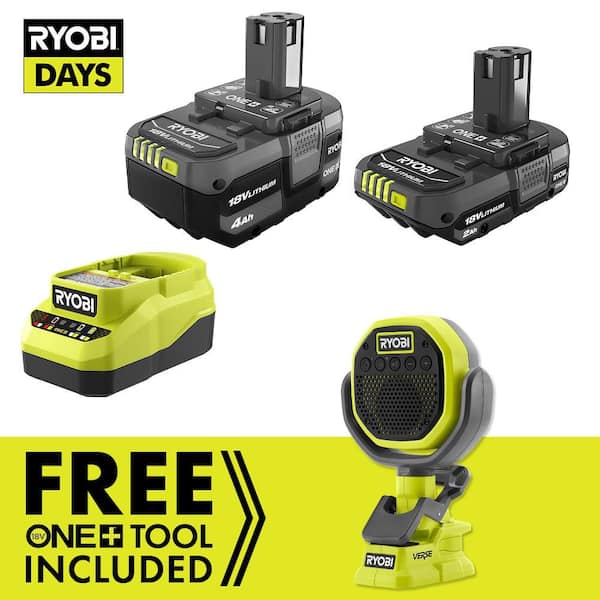 RYOBI ONE+ 18V Lithium-Ion 4.0 Ah Battery, 2.0 Ah Battery, and Charger Kit with FREE ONE+ Cordless VERSE Clamp Speaker PCL615B-PSK106SB