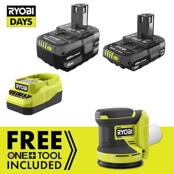 RYOBI ONE+ 18V Lithium-Ion 4.0 Ah Battery, 2.0 Ah Battery and Charger Kit with FREE ONE+ Cordless 5 in. Random Orbit Sander PSK106SB-PCL406B