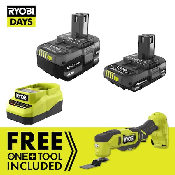 RYOBI ONE+ 18V Lithium-Ion Kit with 2.0 Ah and 4.0 Ah Batteries, Charger with FREE ONE+ 18V Cordless Multi-Tool PSK106SB-PCL430B