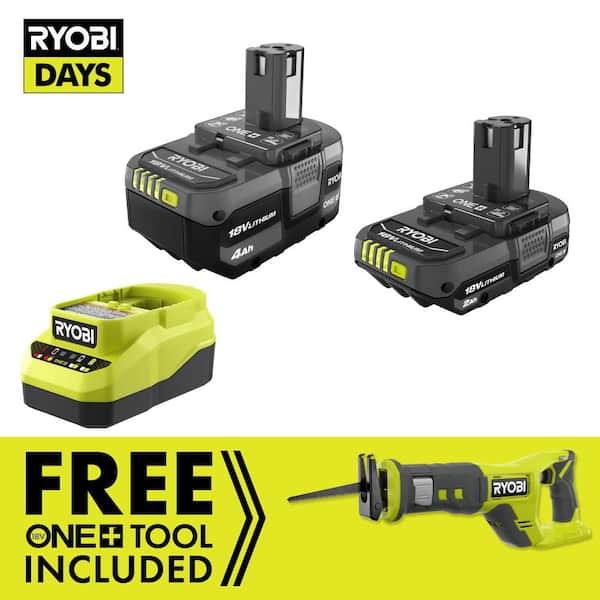 RYOBI ONE+ 18V Lithium-Ion Kit with 2.0 Ah and 4.0 Ah Batteries, Charger with FREE ONE+ 18V Cordless Reciprocating Saw PSK106SB-PCL515B